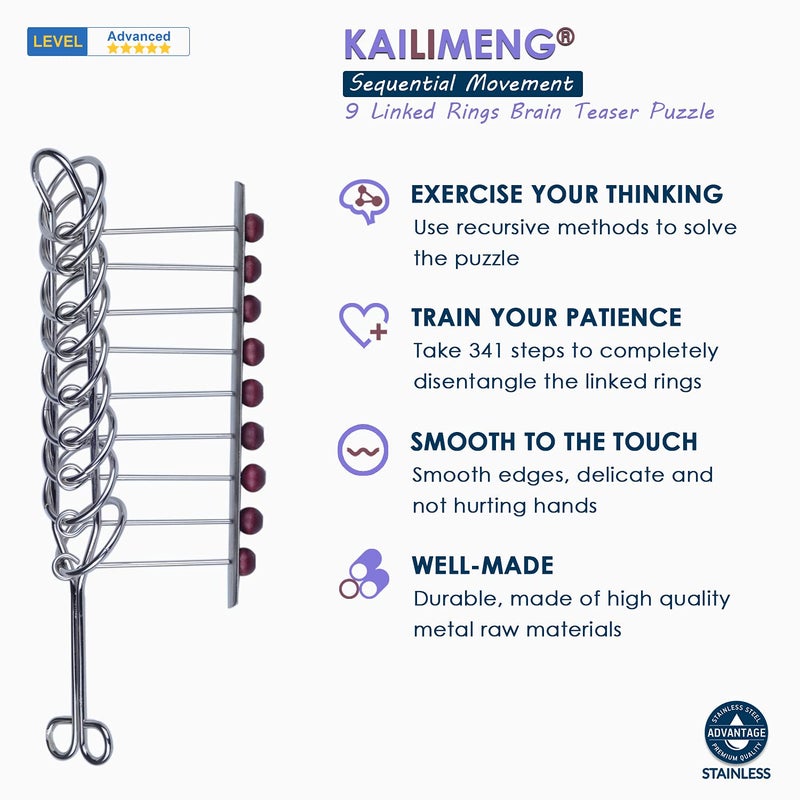 KAILIMENG 9 Linked Rings Metal Puzzle - Adult Hard Puzzle - Brain Teasers Mind Game for Adults and Kids - Classical Handheld IQ Trick Toy - Image 3